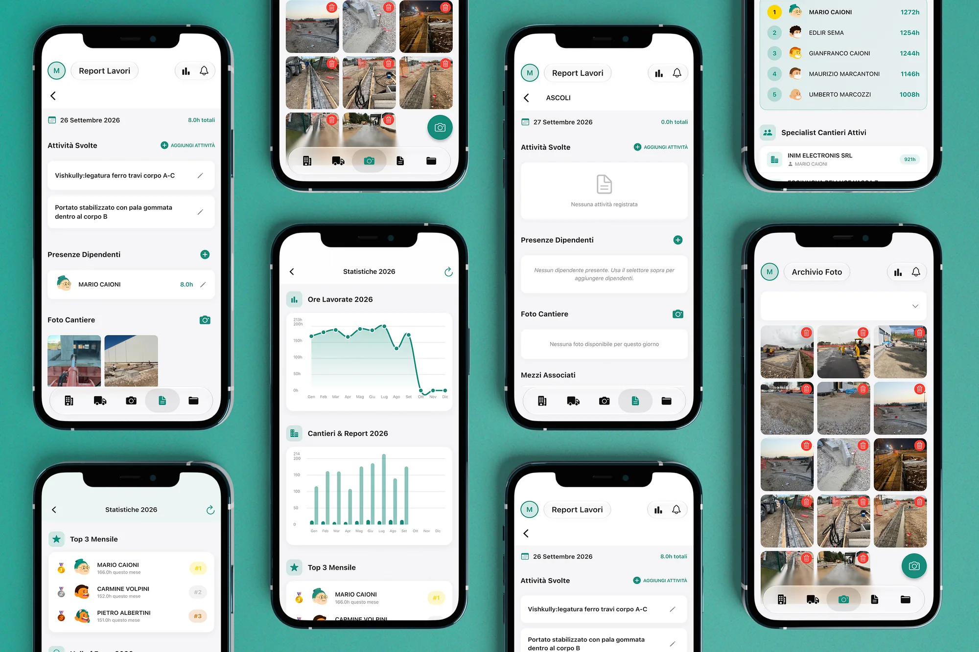 Schermate dell'app: cantieri, ore, presenze, mezzi e gallery foto
